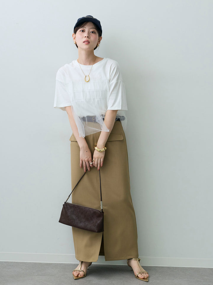 [SET]ギャザーチュールドッキングTEE+クレープデシンフラップ付きストレートスカート(2set)