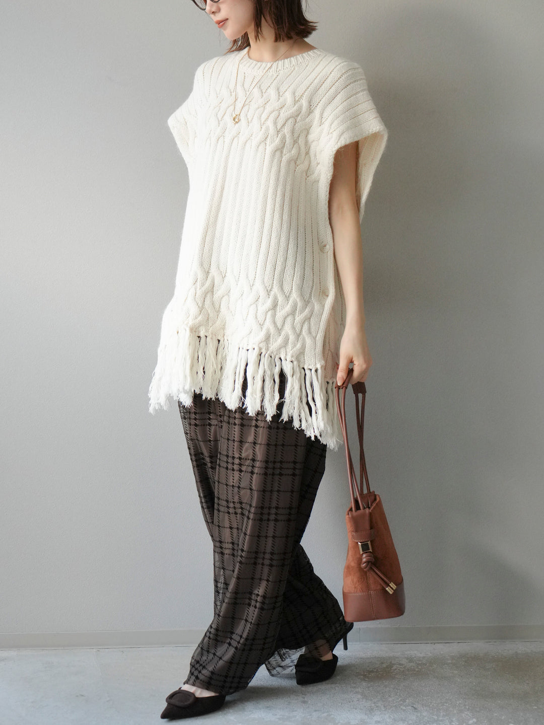 [予約]ケーブルニットフリンジベスト/ベージュ