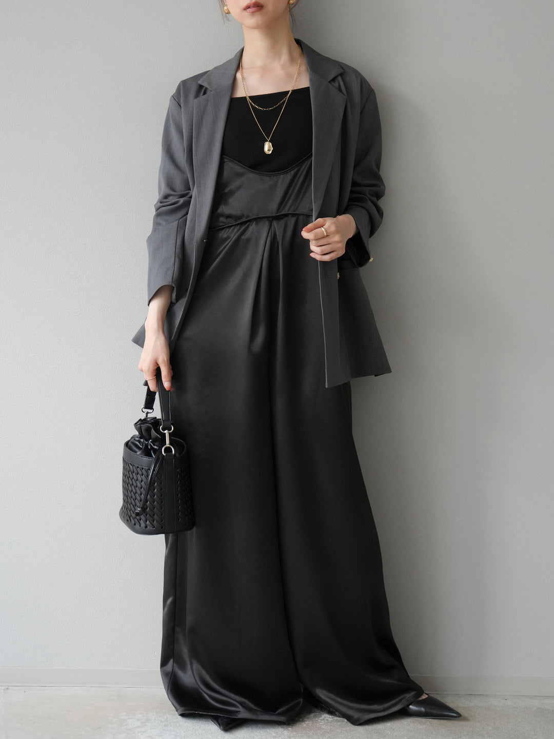 [予約]サテンビスチェオールインワン/ブラック