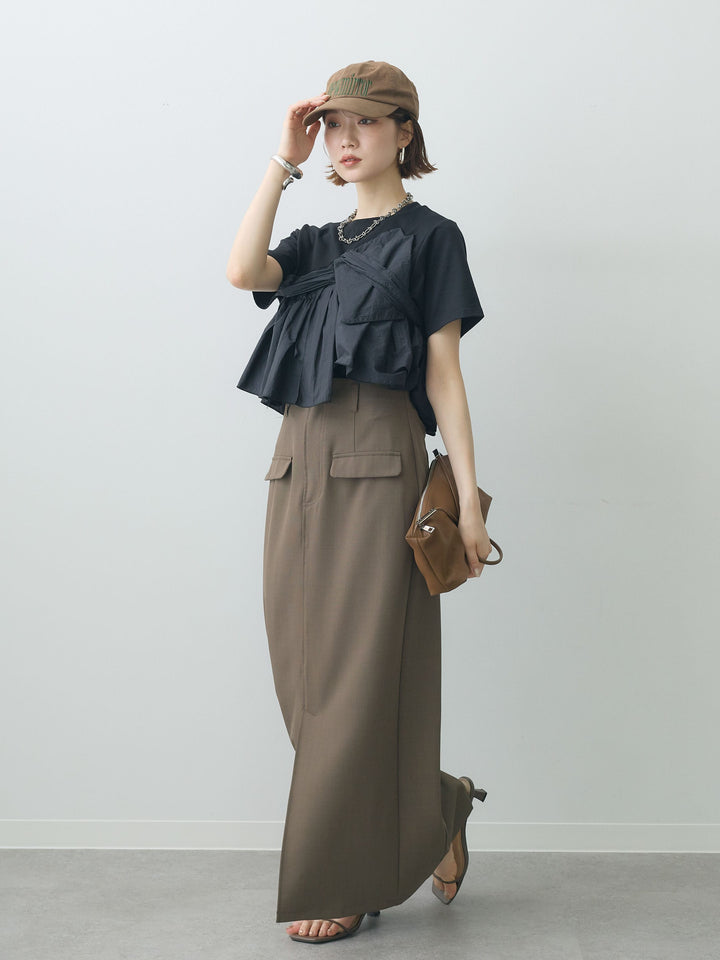 [SET]ナイロンドッキングツイストTEE +クレープデシンフラップ付きストレートスカート(2set)