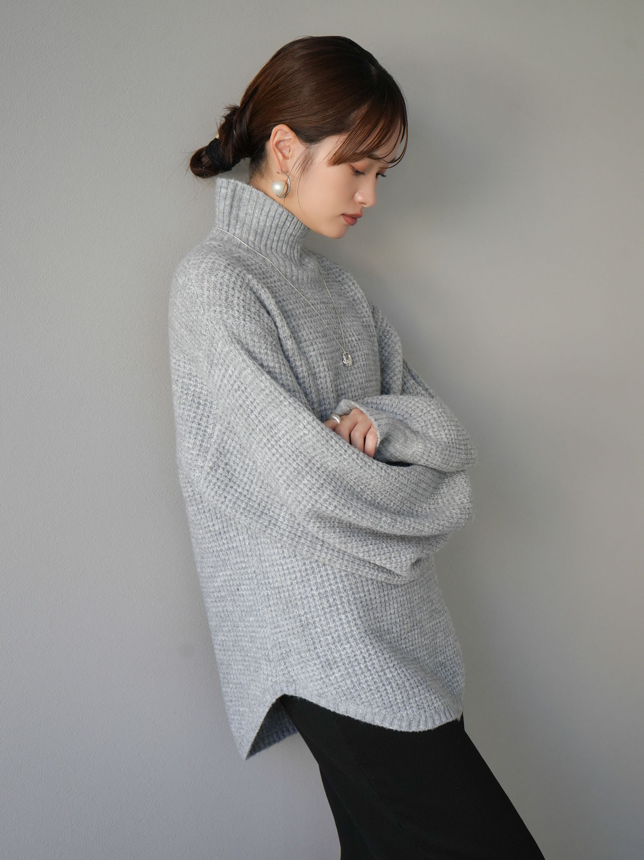 SET]ワッフル編みハイネックニットプルオーバー+フロントジップニット