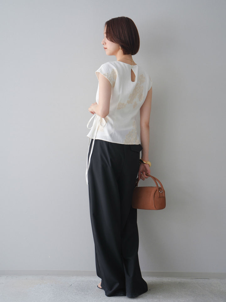 [SET]リネンタッチフラワージャガードトップス+ベルト付キーホルダーモチーフワイドパンツ(2set)