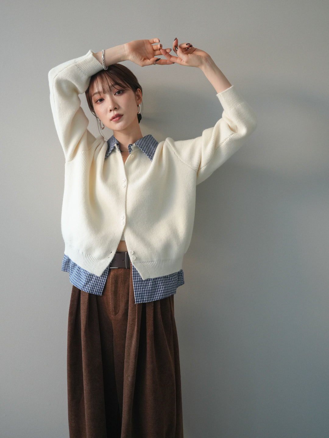 [予約]チェックシャツ襟ニットカーディガン/beige