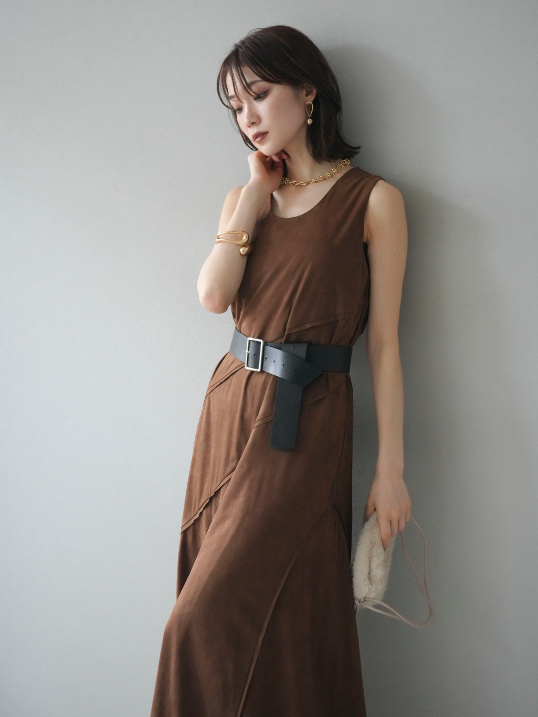 [予約]スエードアウトシームデザインベルト付ワンピース/camel