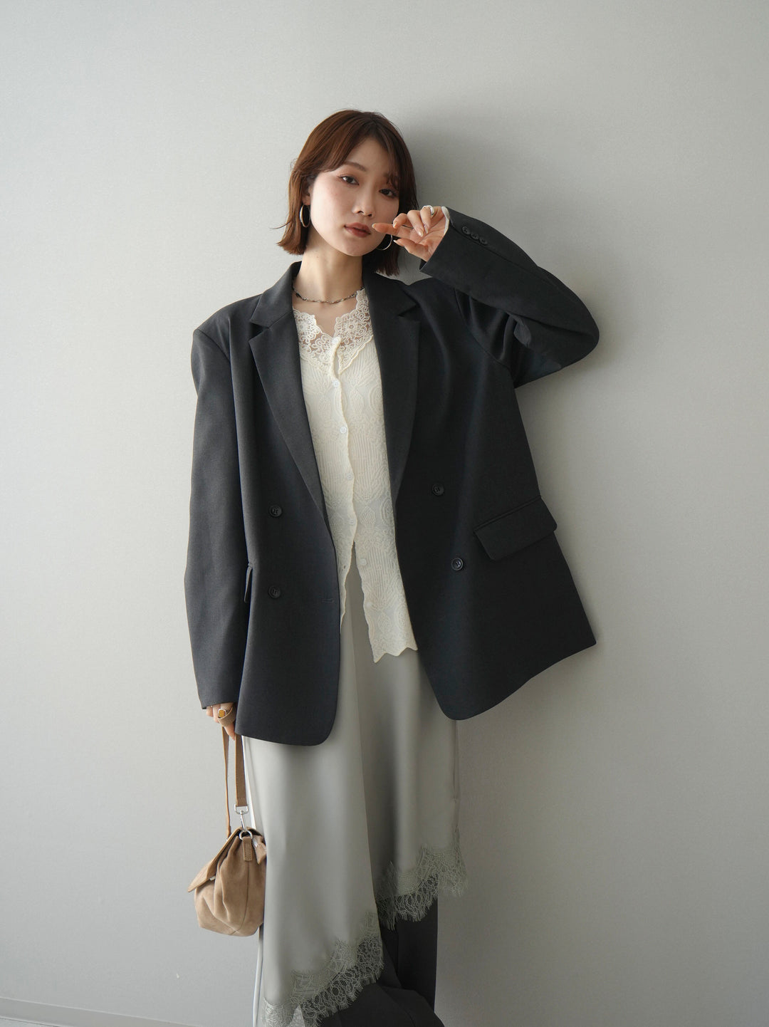 [SET]ダブルブレストオーバージャケット+レースネックジャガードニットカーディガン(2set)