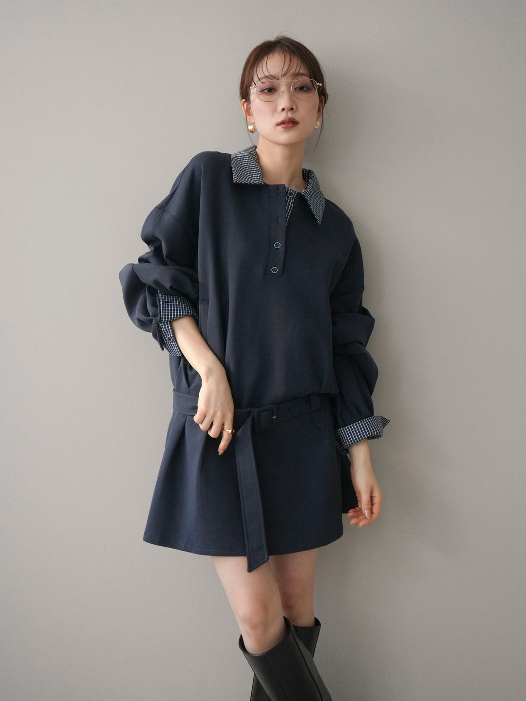 [予約]チェック襟xスエットミニワンピース/blue