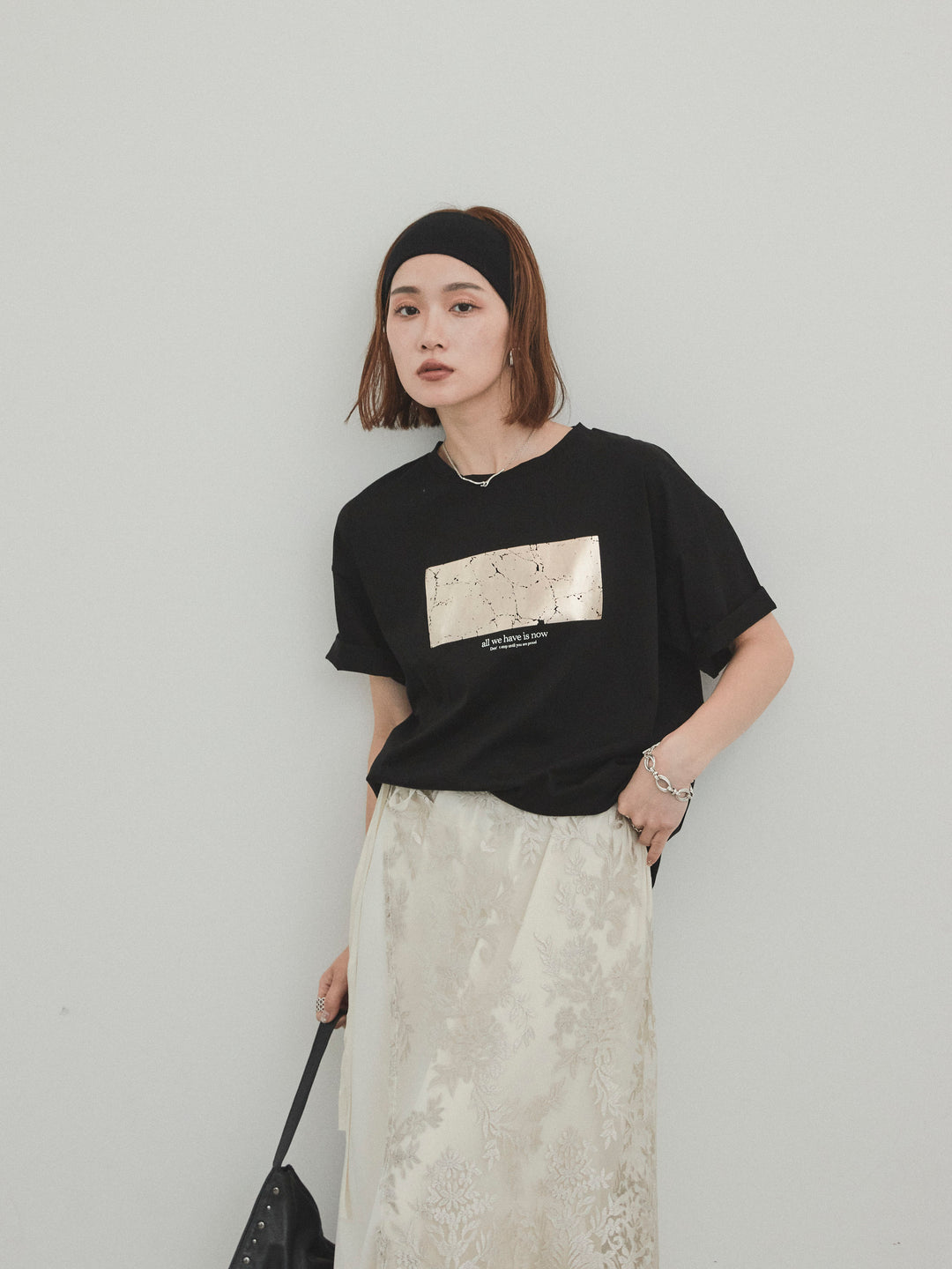 [SET]箔プリントドライタッチコットンTEE +チュールジャガードラップロングスカート(2set)