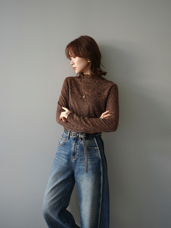 [予約]起毛レースプチネックトップス/brown