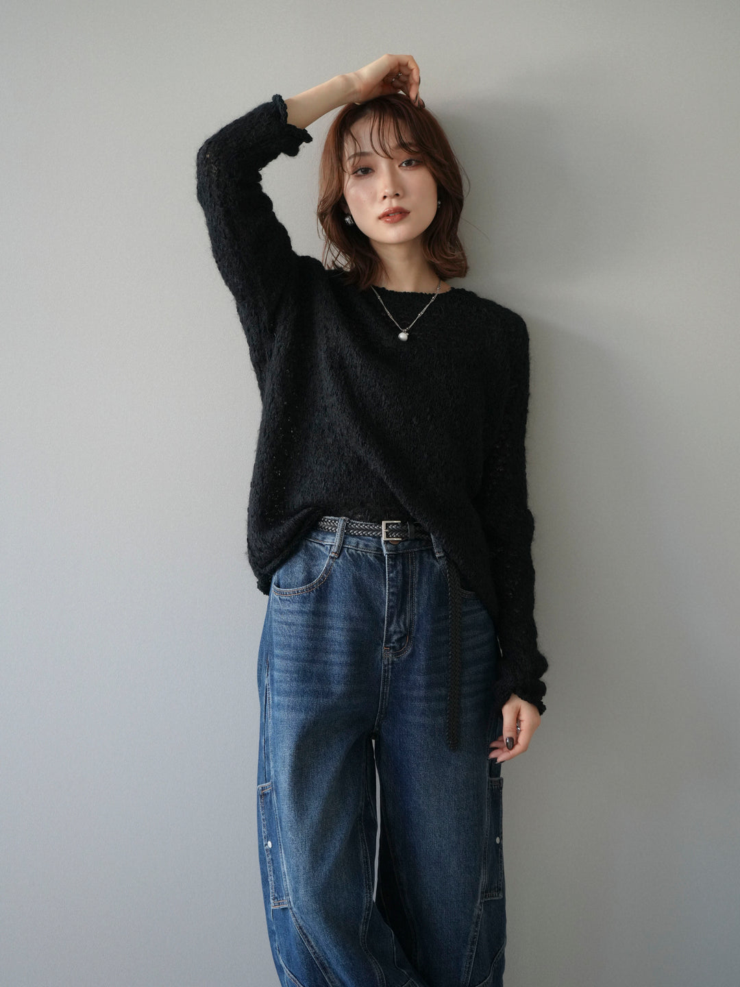 [予約]透かし編みモヘアタッチポコポコニットプルオーバー/black