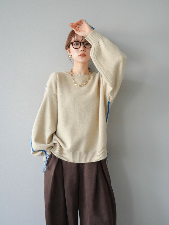 [SET]配色ステッチフリンジニットプルオーバー +スウェードタックワイドパンツ(2set)