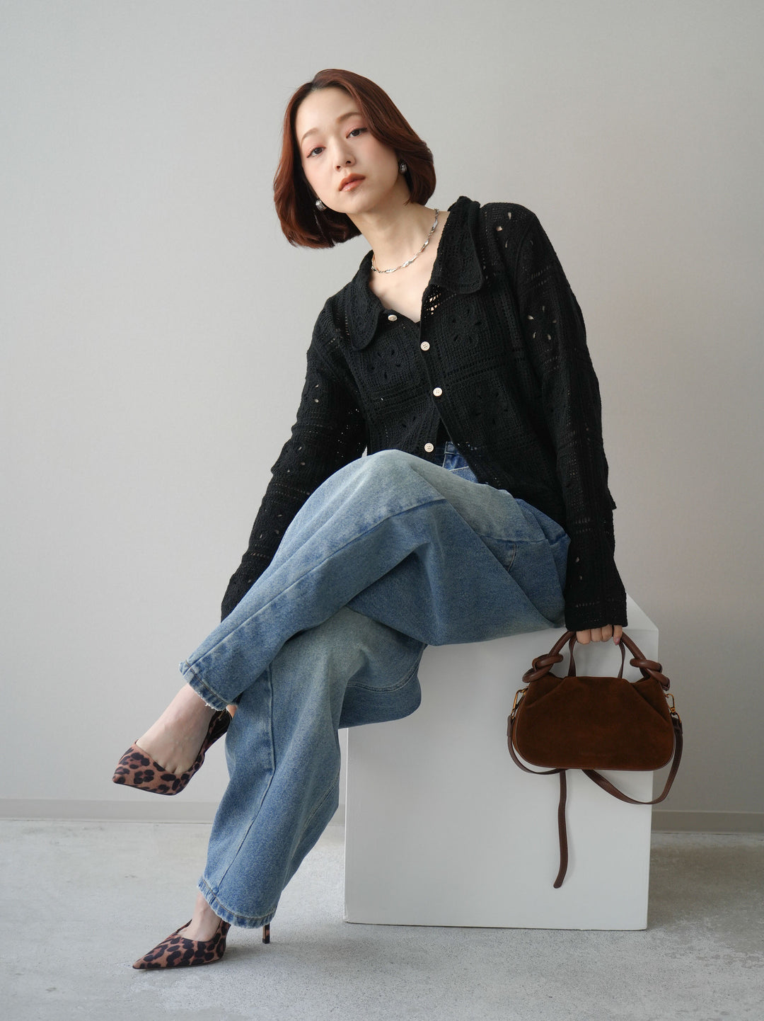 [SET]パッチワーククロシェニットカーディガン+アシメデザインワイドデニムパンツ(2set)