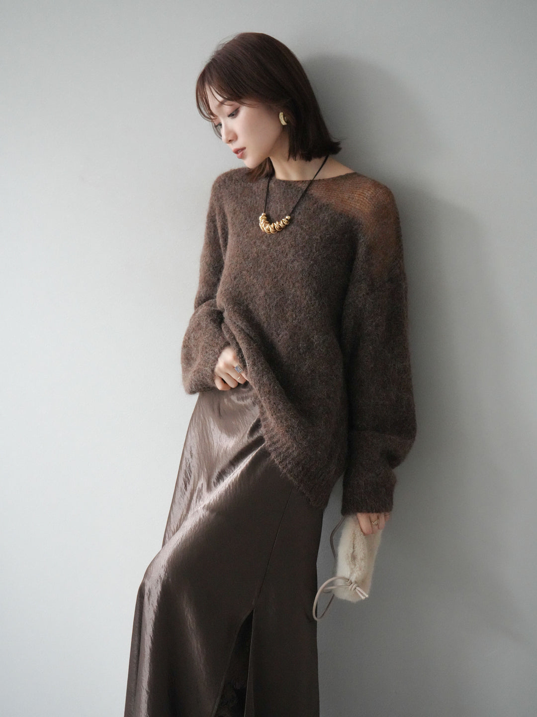 [予約]ネック透かし編みニットプルオーバー/ダークブラウン