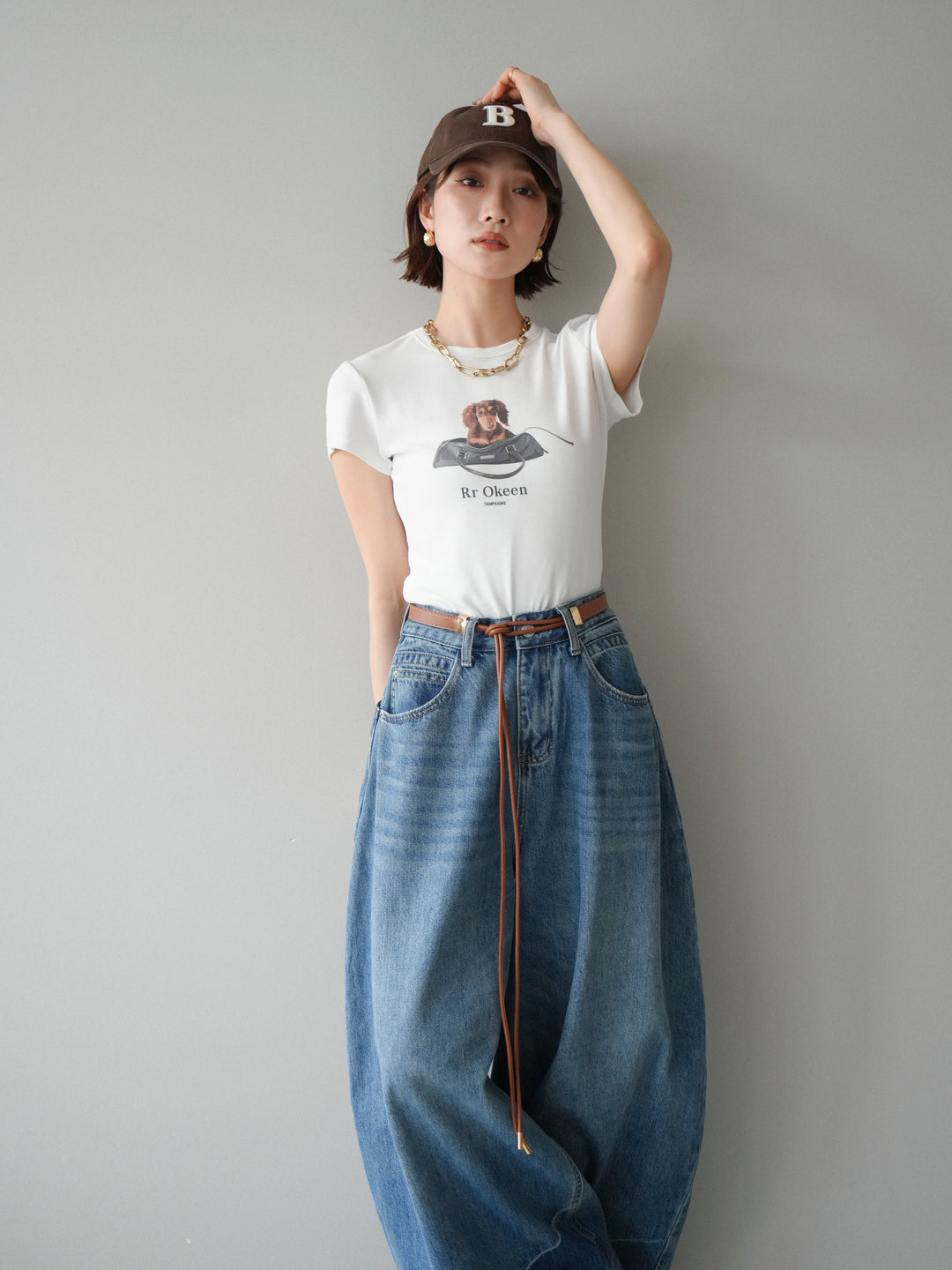 [SET]ドッグコンパクトTEE+ベルト付ボリュームデザインデニム(2set)