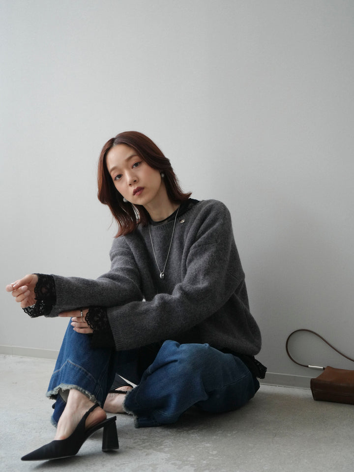 [SET]アンゴラタッチボートネッククロップドプルオーバー+チュールレーストップス(2set)