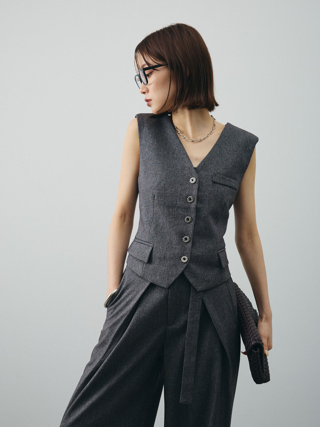 [SET]フラワーモチーフレースアップジレ＆ベルト付ワイドパンツSET UP(2set)