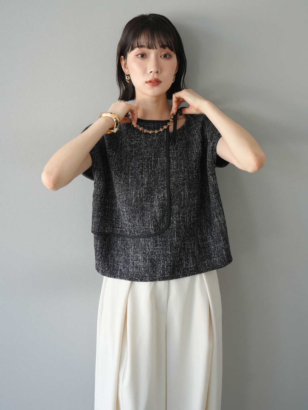 [SET]サマーツイードケープデザインプルオーバー+クレープシフォンタックワイドパンツ(2set)