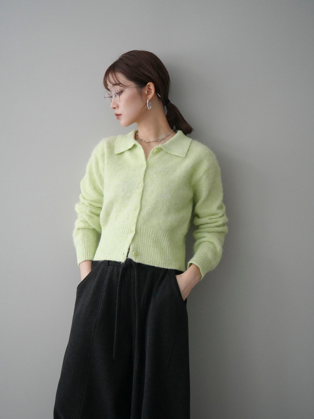 [予約]モヘア衿付きボタンプルオーバー/lime