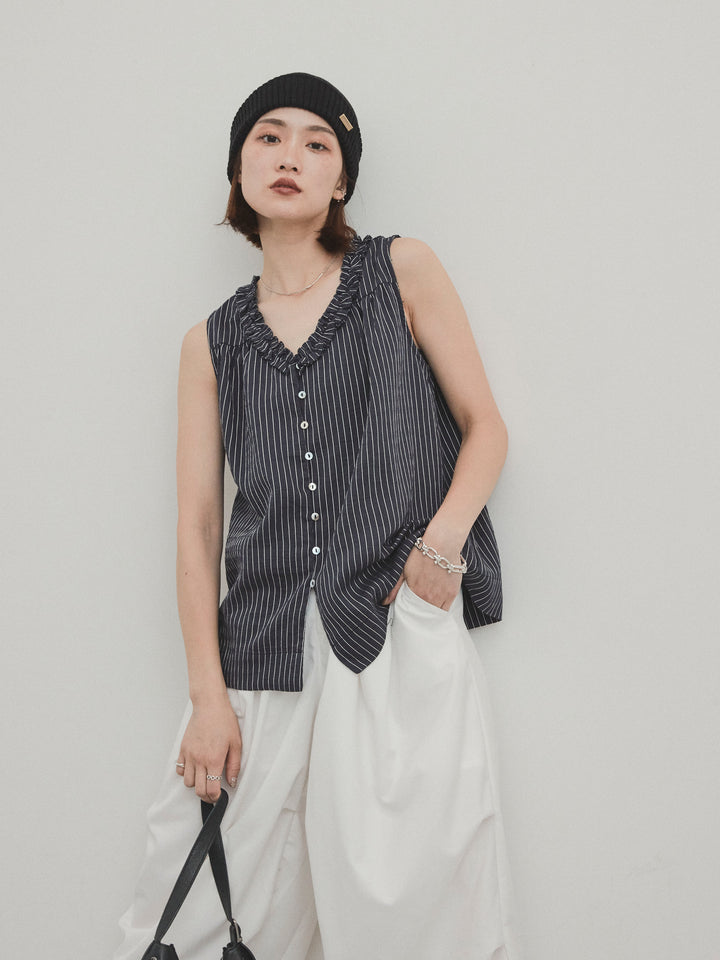 [SET] 條紋荷葉邊襯衫 + 條紋荷葉邊襯衫 (2件套)