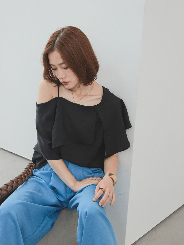 [SET]ワンショルラッフルブラウス+リネンタッチタックワイドパンツ (2set)