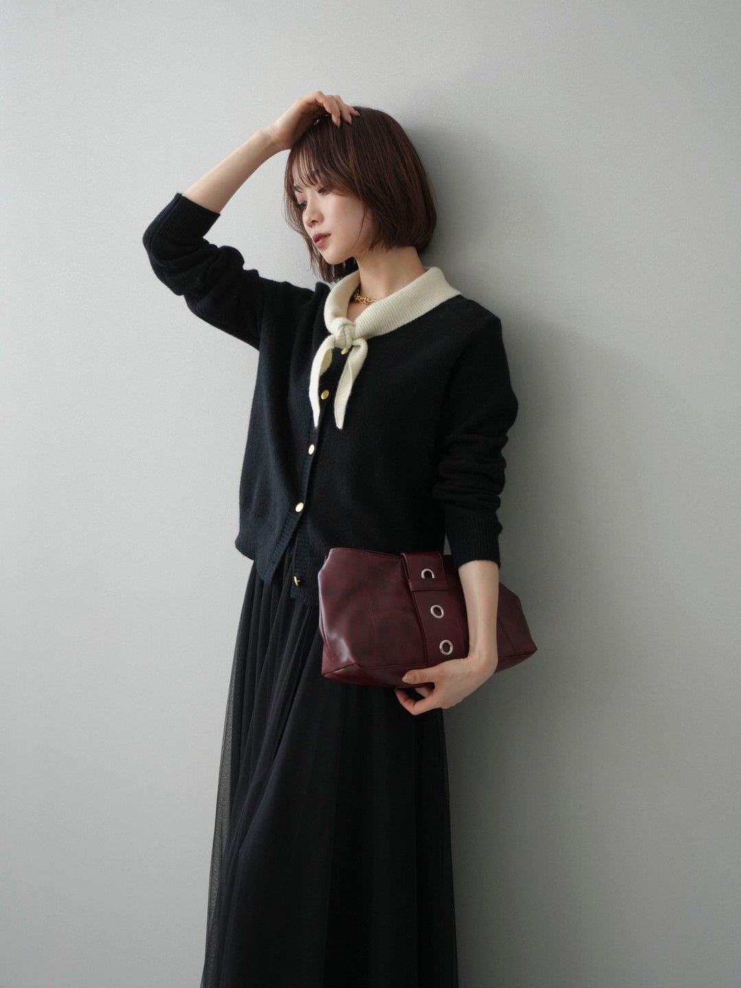 [SET]デザイン襟ニットカーディガン+チュールボリュームスカート(2set)