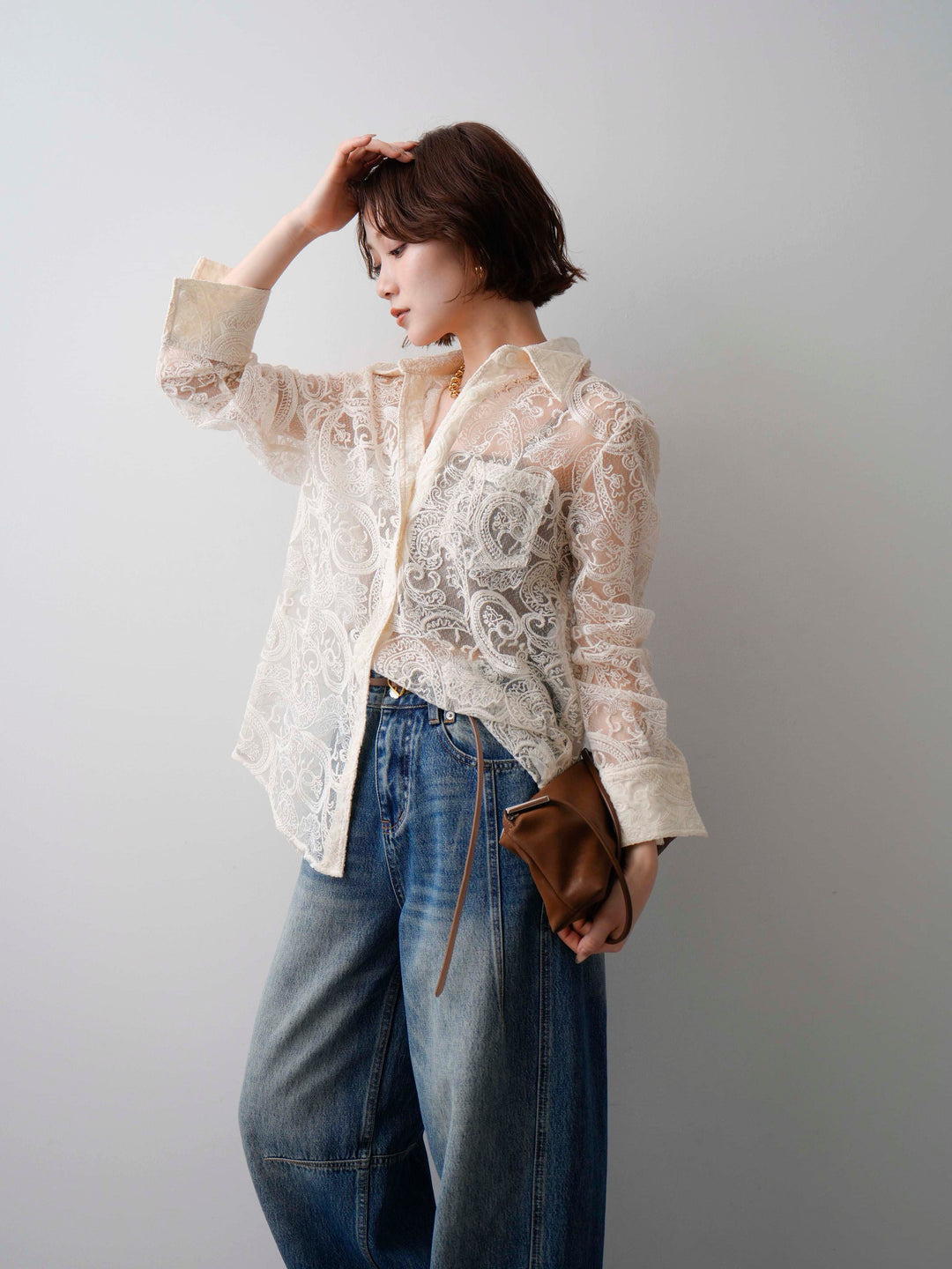 [予約]シアーペイズリー刺繍長袖ブラウス/ivory