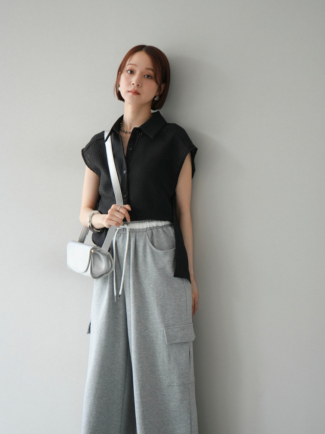 [SET]シアーチェックノースリーブシャツ+ウエストラインサイドポケットスウェットパンツ(2set)