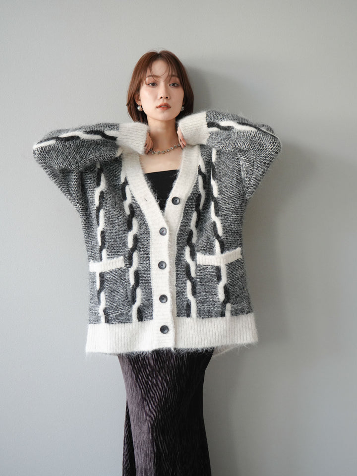 [SET]バイカラー編み込みデザインニットカーディガン+ベロアプリーツナロースカート(2set)