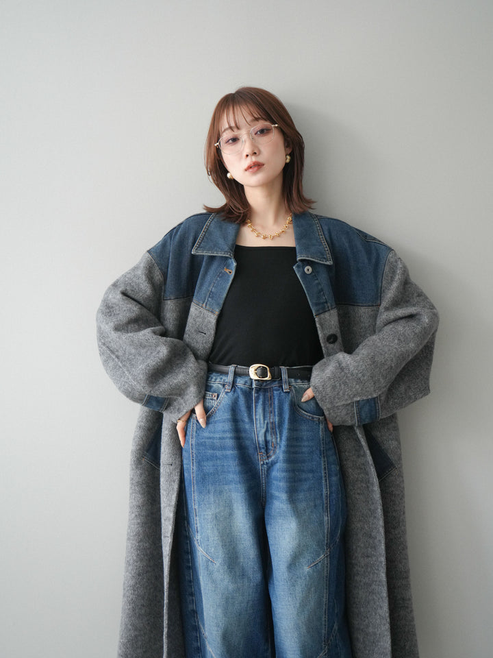 [予約]デニム切替シャギーステンカラーコート/gray