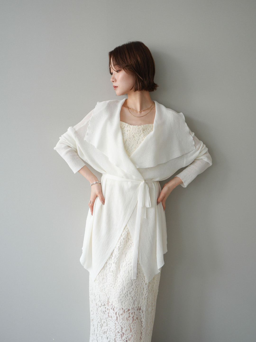 [SET]ドレープリブニットガウン+フルレースキャミ＆IラインスカートSET UP(2set)