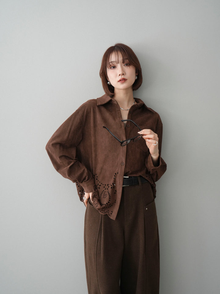 [予約]裾スカラップスエードシャツ/brown
