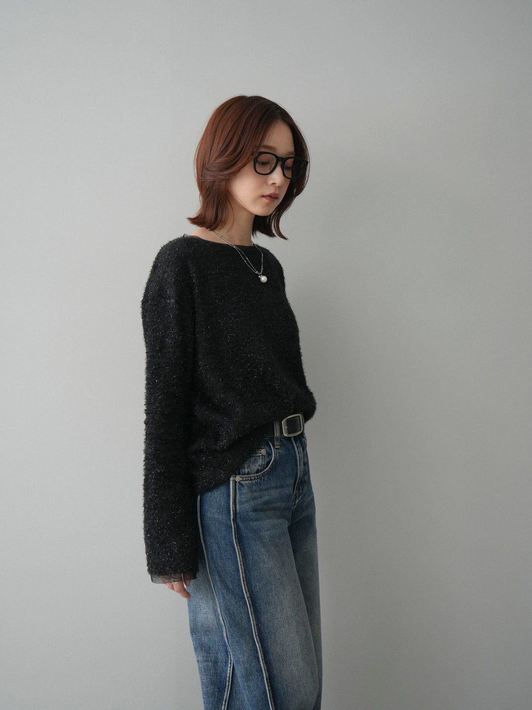 [SET]ラメシャギートップス+サイド切替カーブデニムパンツ(2set)