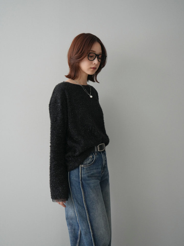 [SET]ラメシャギートップス+サイド切替カーブデニムパンツ(2set)