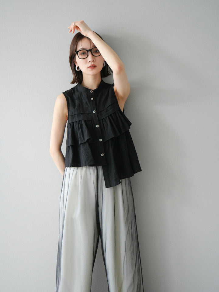 [SET]ドビーストライプアシンメトリーフリルノースリブラウス+コード刺繍チュールレイヤードパンツ(2set)
