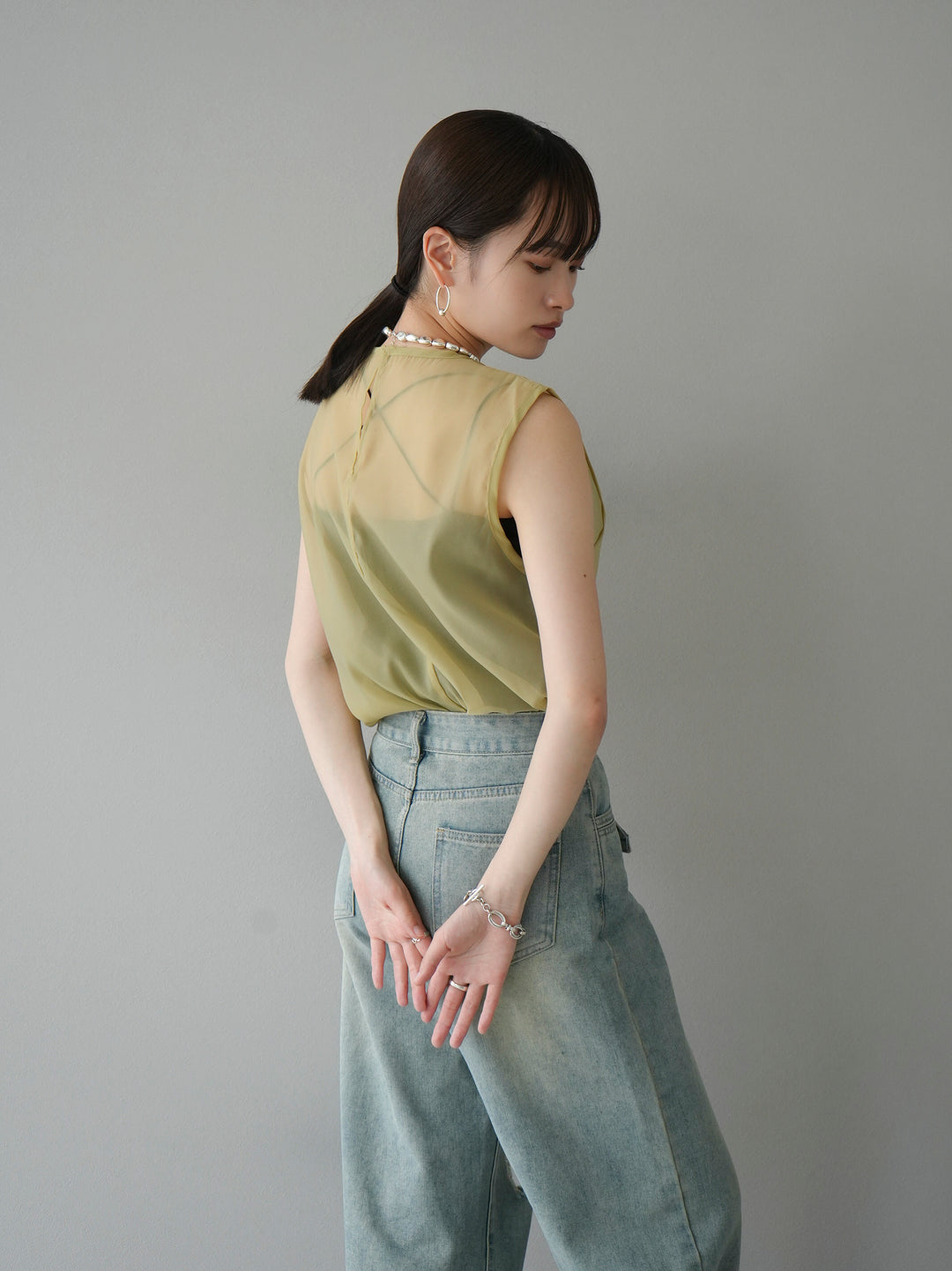 [SET] Organdy sleeveless top + belt asymmetrical damaged denim (2set)