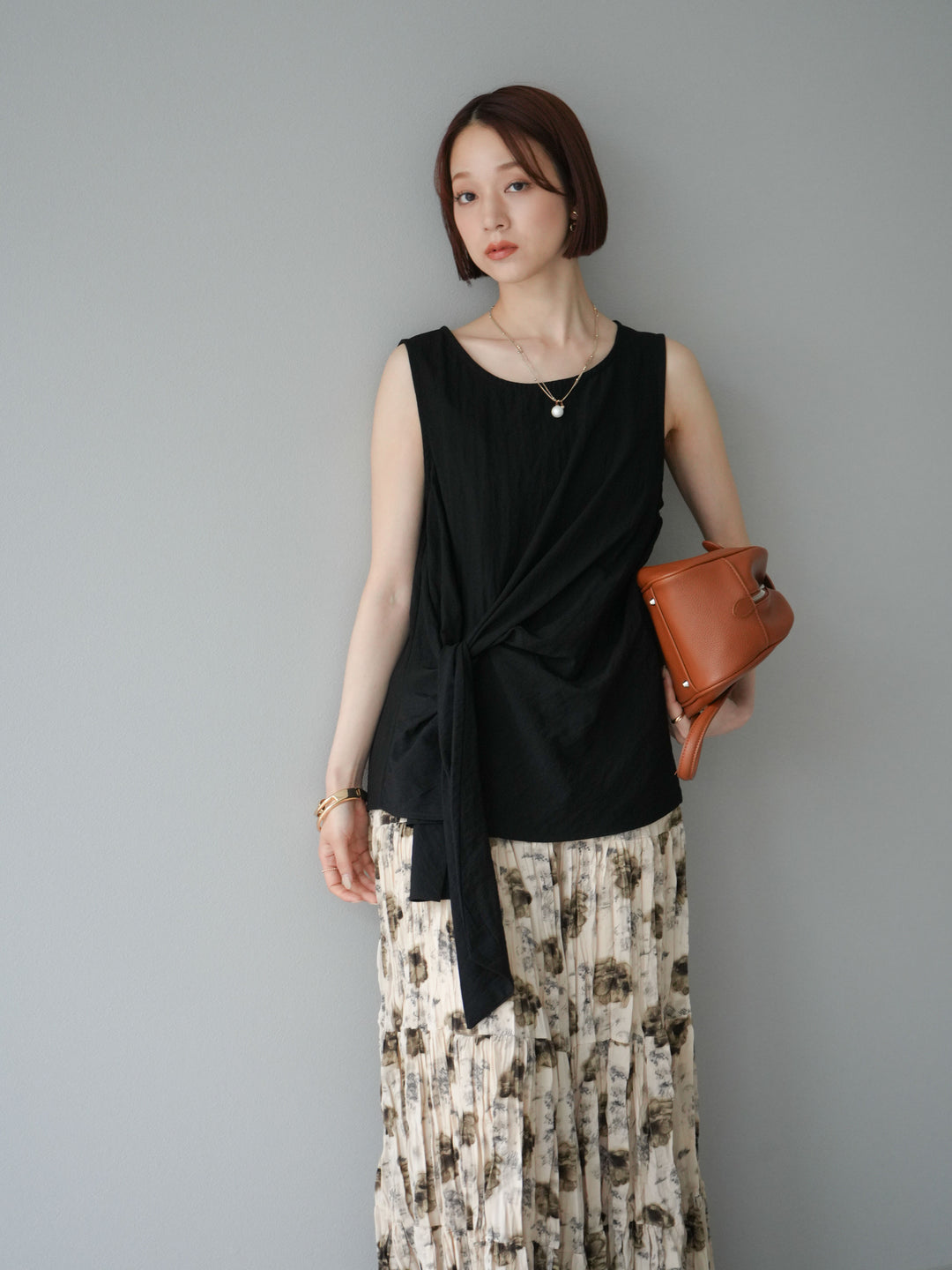 [SET]フロント巻きノースリーブブラウス+フラワーワッシャーロングスカート(2set)