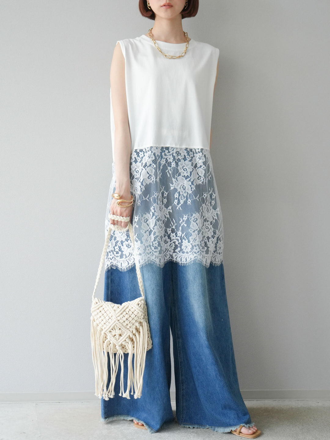 [予約]レース切替ノースリトップス/ホワイト