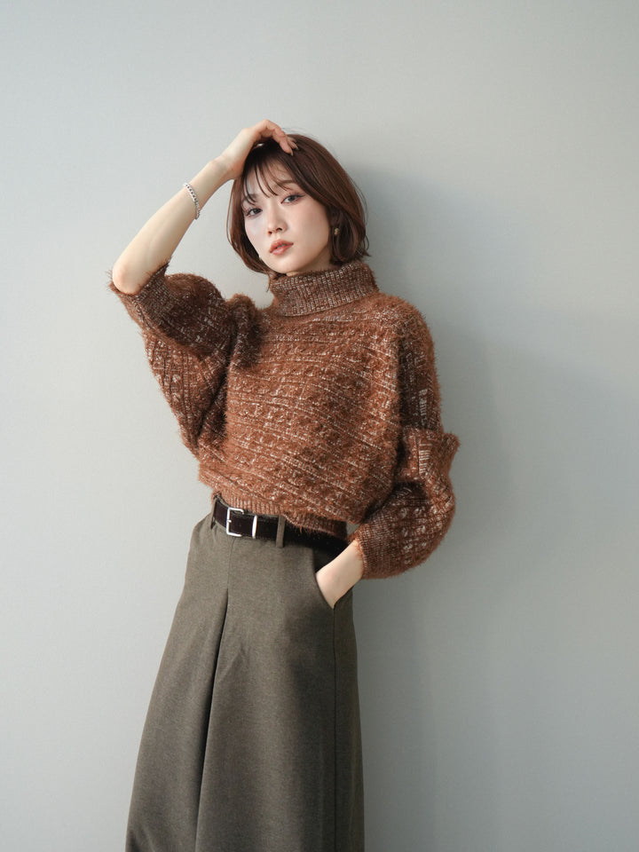 [SET]オフタートルケーブル編みニットプルオーバー+ベルト付きフロントタックワイドパンツ(2set)