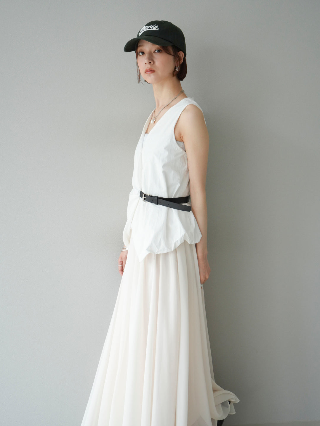 [SET]ベルトデザインバルーンブラウス+シフォンフレアスカート(2set)