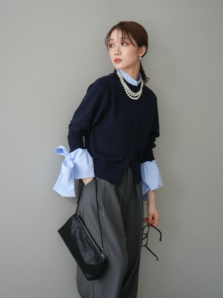 [予約]ウールライクリボンシャツカーディガン/navy