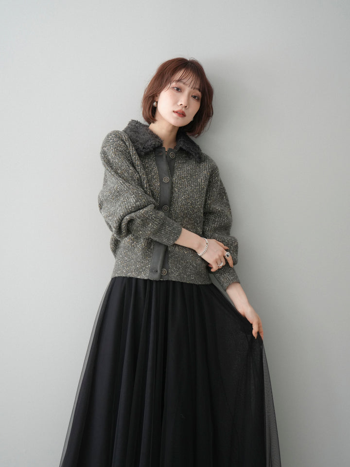 [SET]襟ボアミックスヤーンニットカーディガン+選べるアクセセット(2set)