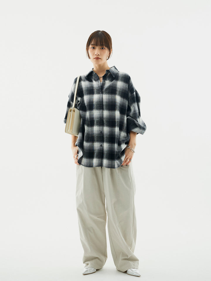 【Allure】[SET]オンブレチェックオーバーシャツ+タフタワイドカーブパンツ(2set)