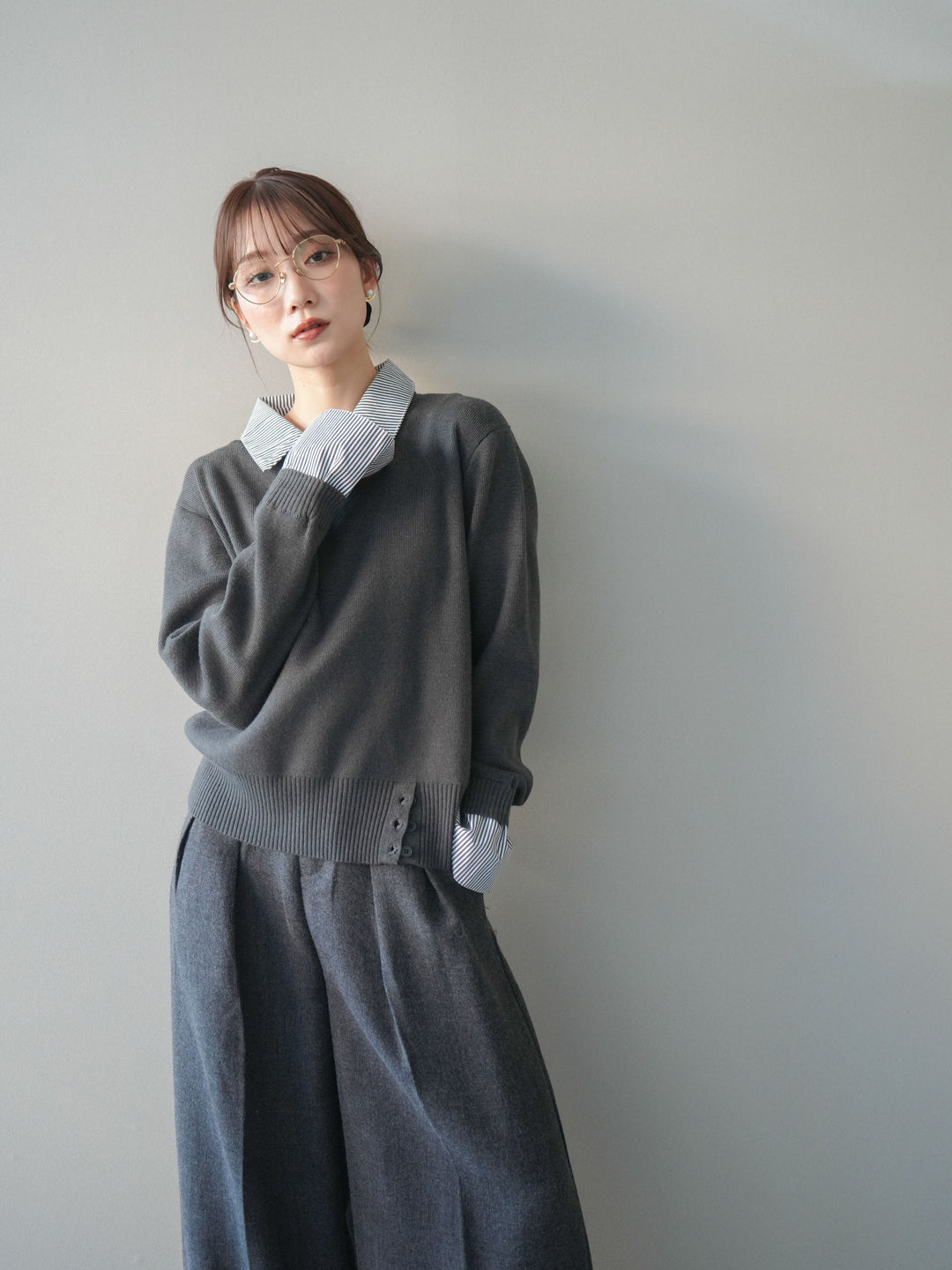 [予約]シャツドッキングデザイン裾ボタンニットプルオーバー/gray