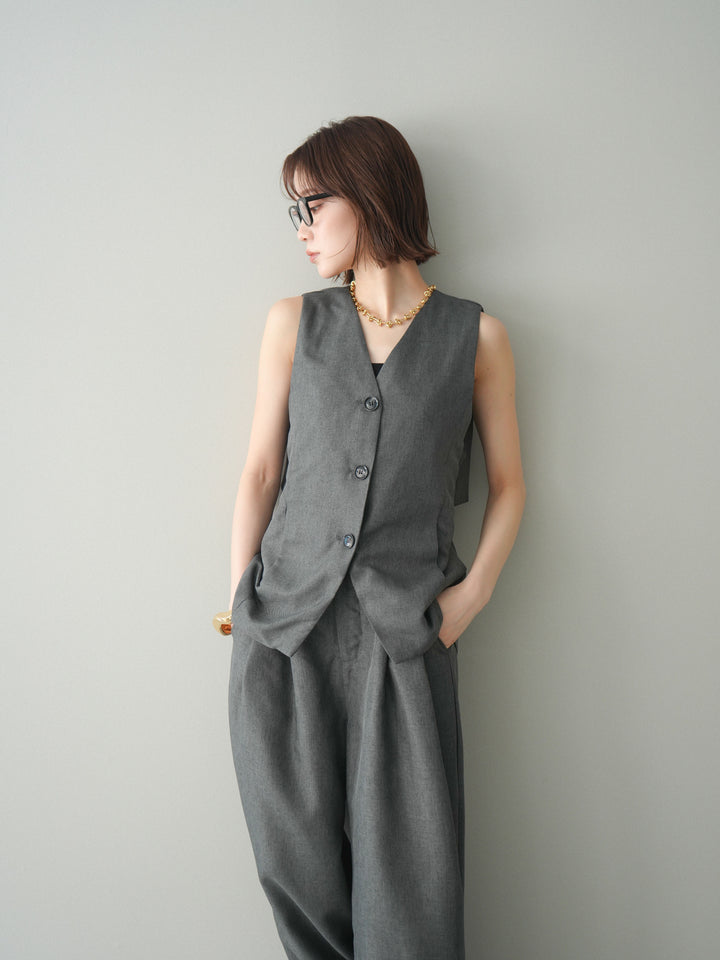 [SET]リネンライクバックオープンジレ+リネンライクタックワイドパンツ(2set)