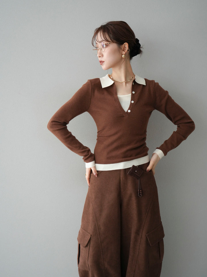 [予約]レイヤード配色ポロニットトップス/brown
