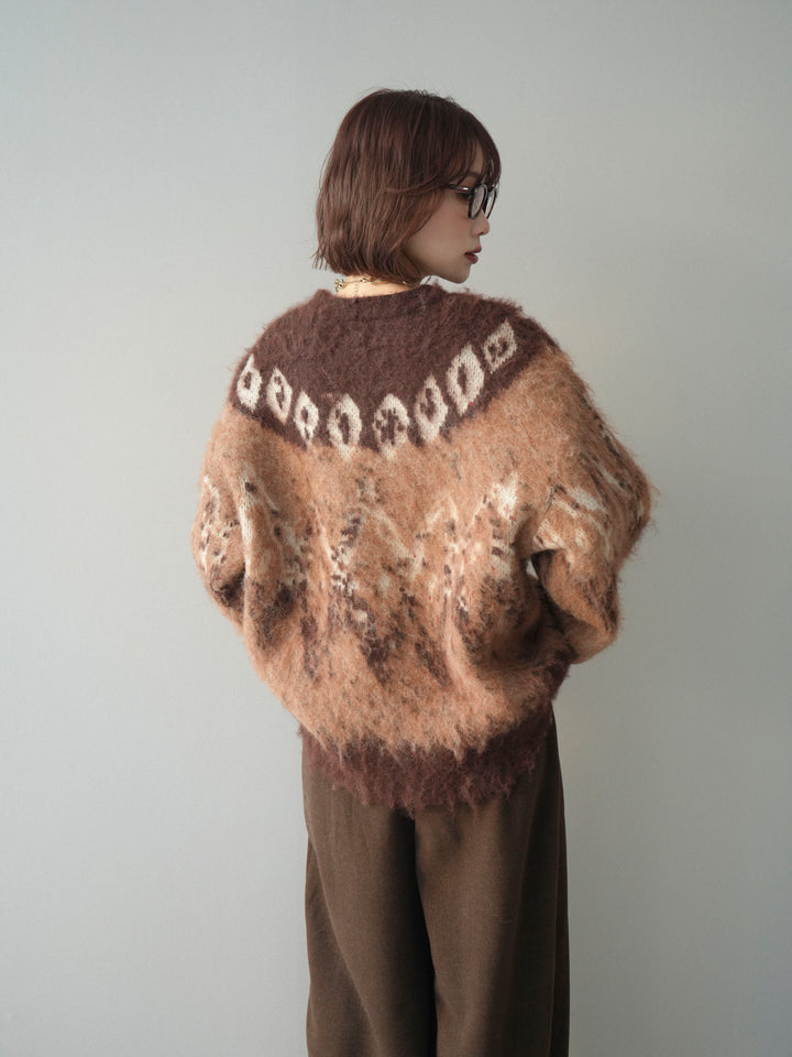 [SET]シャギーニュアンス柄ニットプルオーバー+ベルト付起毛コクーンパンツ(2set)