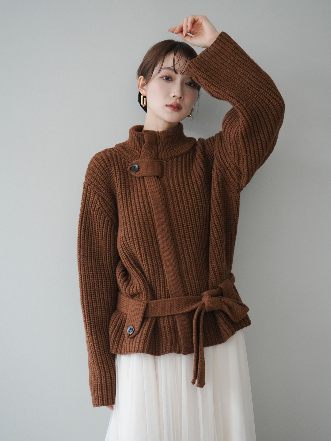 [予約]畦編みボトルネックZIPニットカーディガン/brown
