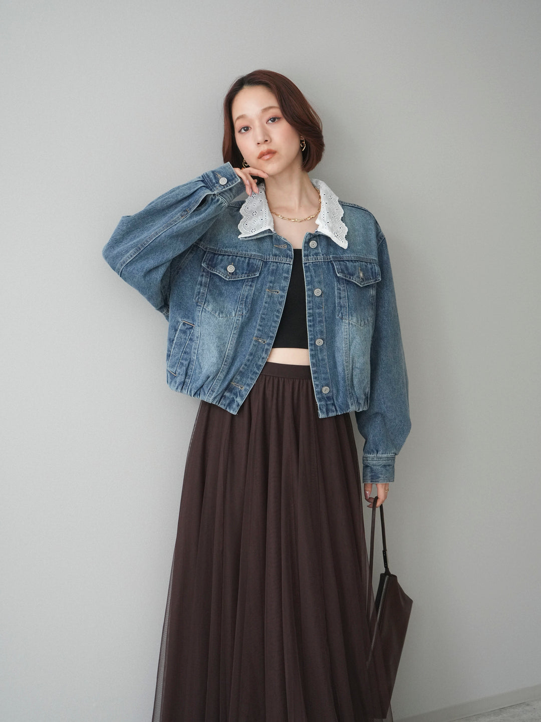 [予約]襟レースデニムショートジャケット/indigo