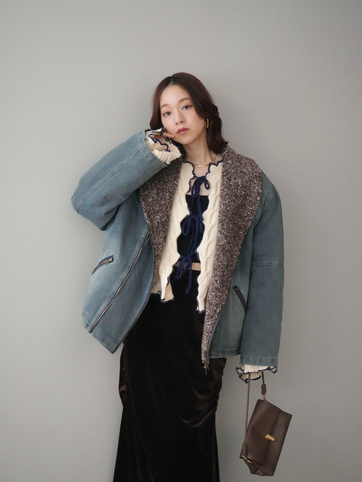 [SET]ミックスボアデニムジャケット+フロントリボン配色メローニットカーディガン+ギャザーベロアスカート(3set)