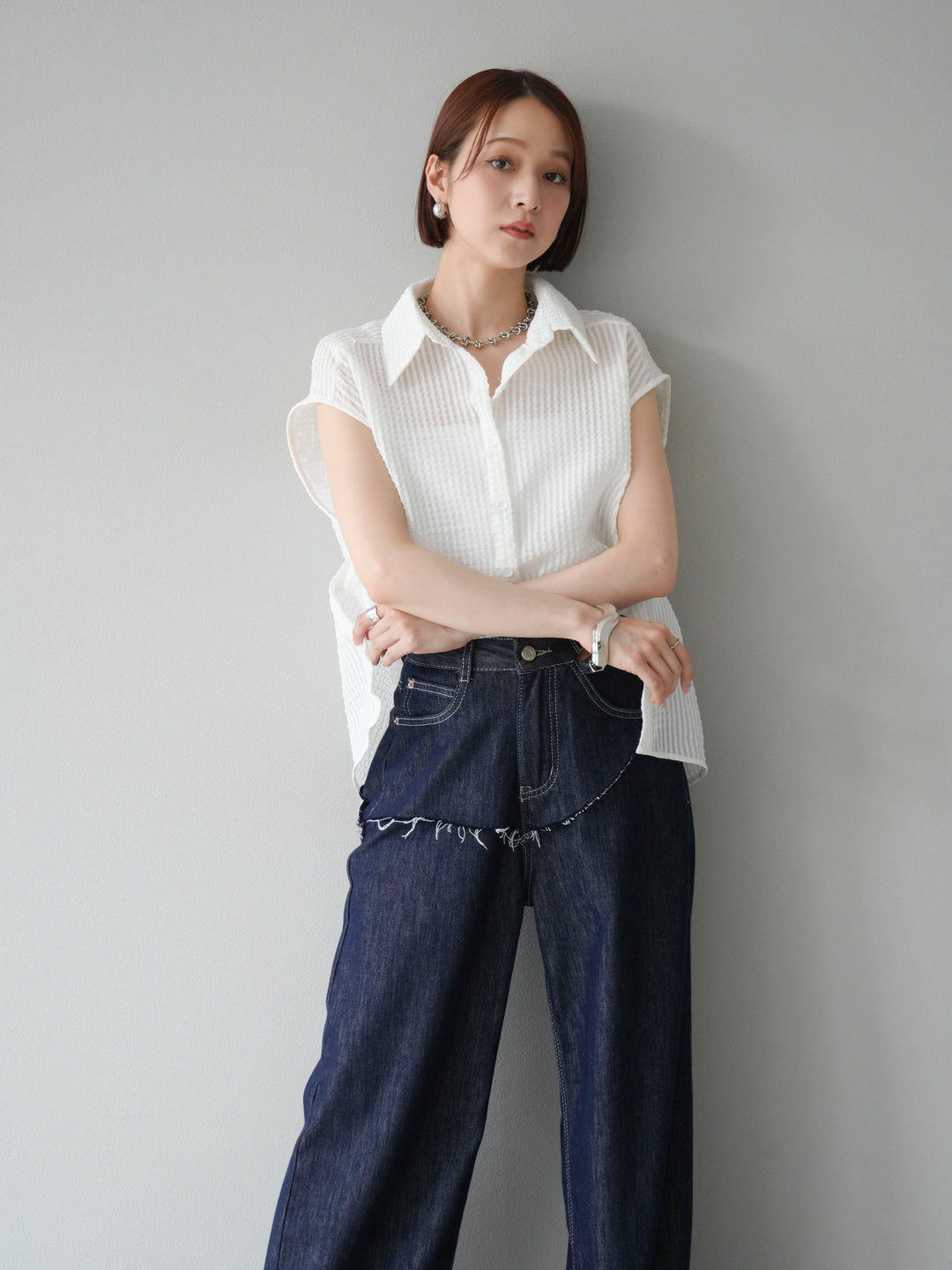 [予約]シアーチェックノースリーブシャツ/ホワイト