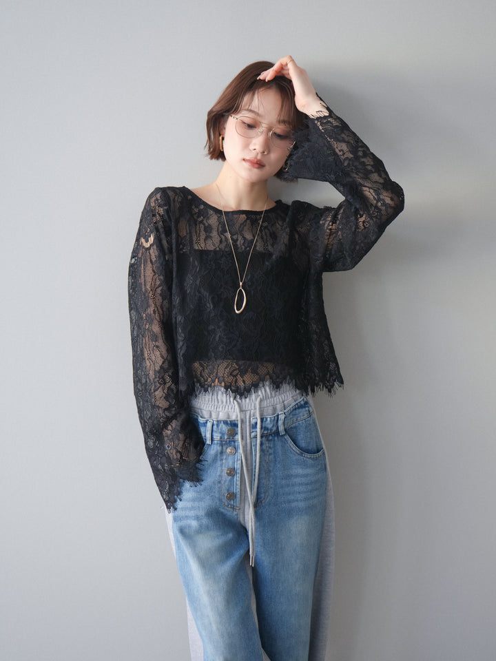 [SET]2WAYスリーブレーストップス+デニム切替スウェットパンツ(2set)